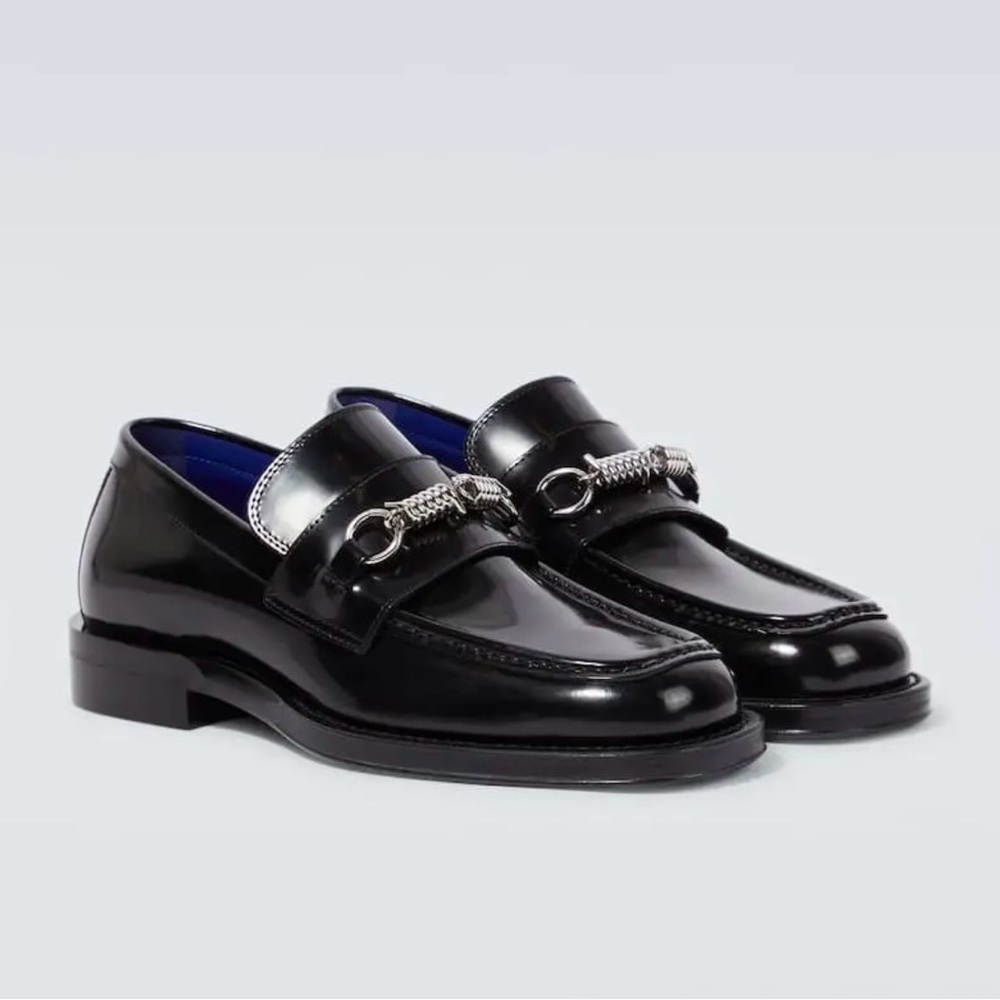 Burberry Black Patent Loafers with Silver Accents